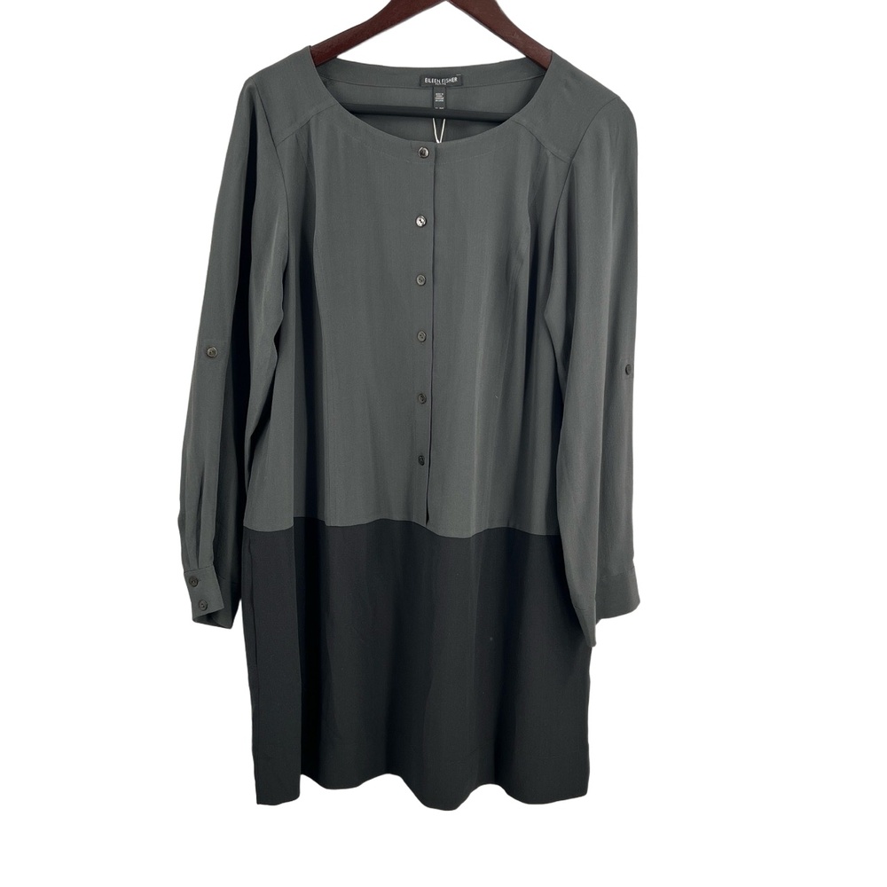Eileen Fisher Tunic Dress Black Silk Colorblock Minimalist Modern Office Size LP